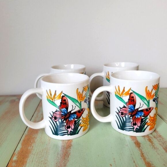 Vintage Butterfly & Flora Panstone Tropical Ceramic Set of 4 Coffee Mugs - Picture 13 of 15